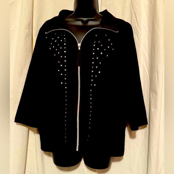 Onque Women's Sz XL Full Zip Embellished 3/4 Sleeve Black Sweater Jacket - Picture 1 of 5